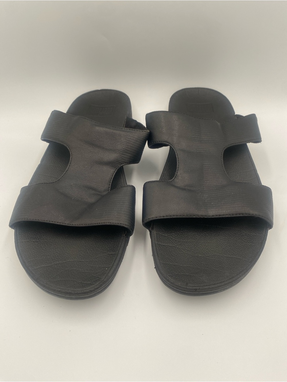 FitFlop Lulu Black Leather H-Bar Slide Cut Out Sandals Women's Size 10